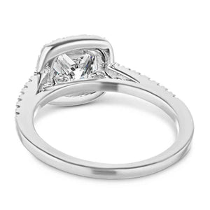 Diamond accented halo engagement ring with 1ct cushion cut lab grown diamond in 14k white gold shown from back
