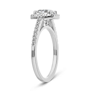 Diamond accented halo engagement ring with 1ct cushion cut lab grown diamond in 14k white gold shown from side