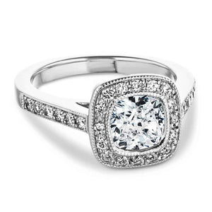 Beautiful diamond accented halo engagement ring with 1.5ct cushion cut lab grown diamond in 14k white gold