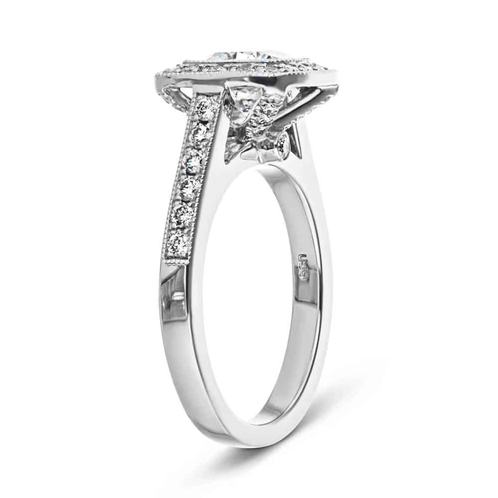 Luxury Antique engagement ring shown with a 1.0ct cushion cut Diamond Hybrid in recycled 14K white gold