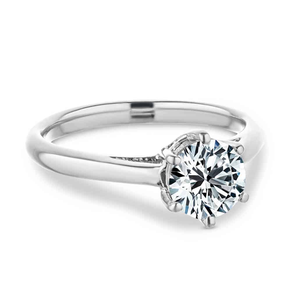 Shown with 1ct Round Cut Lab Grown Diamond in 14k White Gold|Beautiful solitaire engagement ring with 6 prong set 1ct round cut lab grown diamond in 14k white gold crown style setting