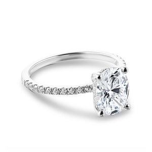 Ethical diamond accented hidden halo engagement ring with 1.5ct oval cut lab grown diamond in 14k white gold