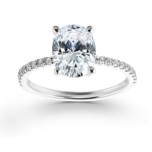 Beautiful diamond accented hidden halo engagement ring with 1.5ct oval cut lab grown diamond in 14k white gold