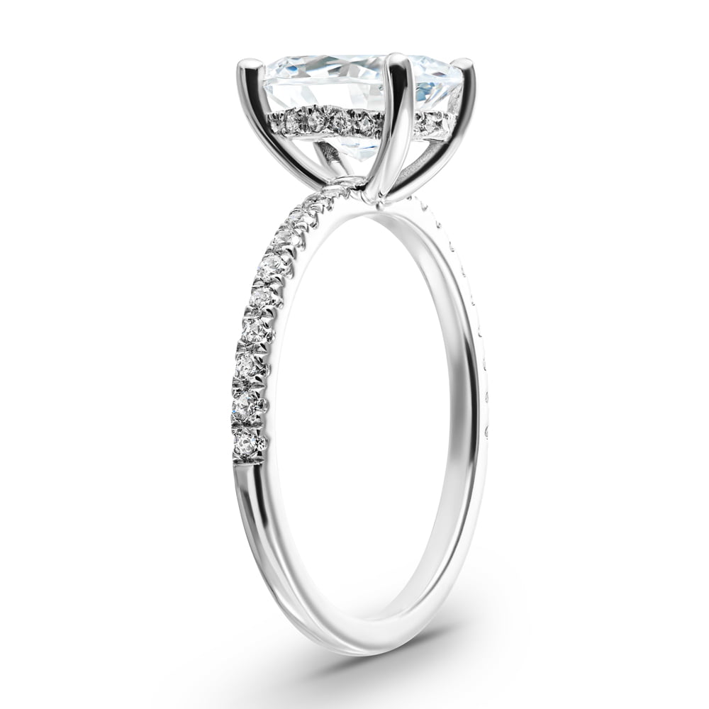 Shown with 1.5ct Oval Cut Lab Grown Diamond in 14k White Gold