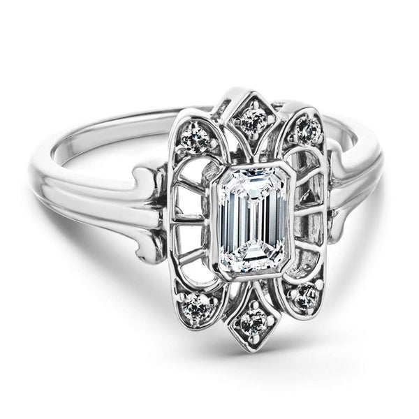 Shown with 0.5ct Emerald Cut Lab Grown Diamond in 14k White Gold|Unique vintage style engagement ring with 0.5ct emerald cut lab grown diamond in 14k white gold