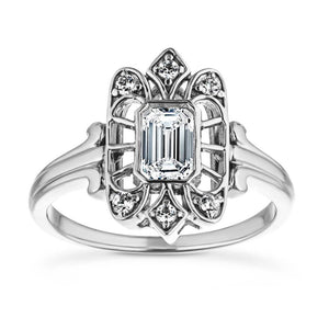Unique gorgeous antique style engagement ring with 0.5ct emerald cut lab grown diamond in 14k white gold