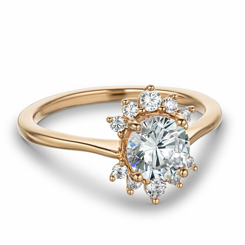 Shown with 1ct Round cut Lab Grown Diamond in 14k Rose Gold|Nature inspired engagement ring with floral diamond halo design featuring 1ct round cut lab grown diamond in 14k rose gold