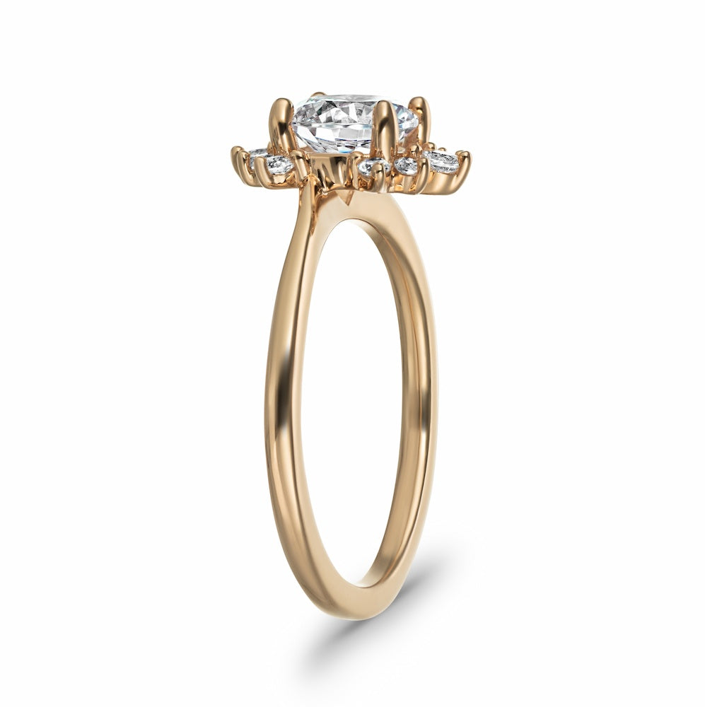 Shown with 1ct Round cut Lab Grown Diamond in 14k Rose Gold|Nature inspired engagement ring with floral diamond halo design featuring 1ct round cut lab grown diamond in 14k rose gold