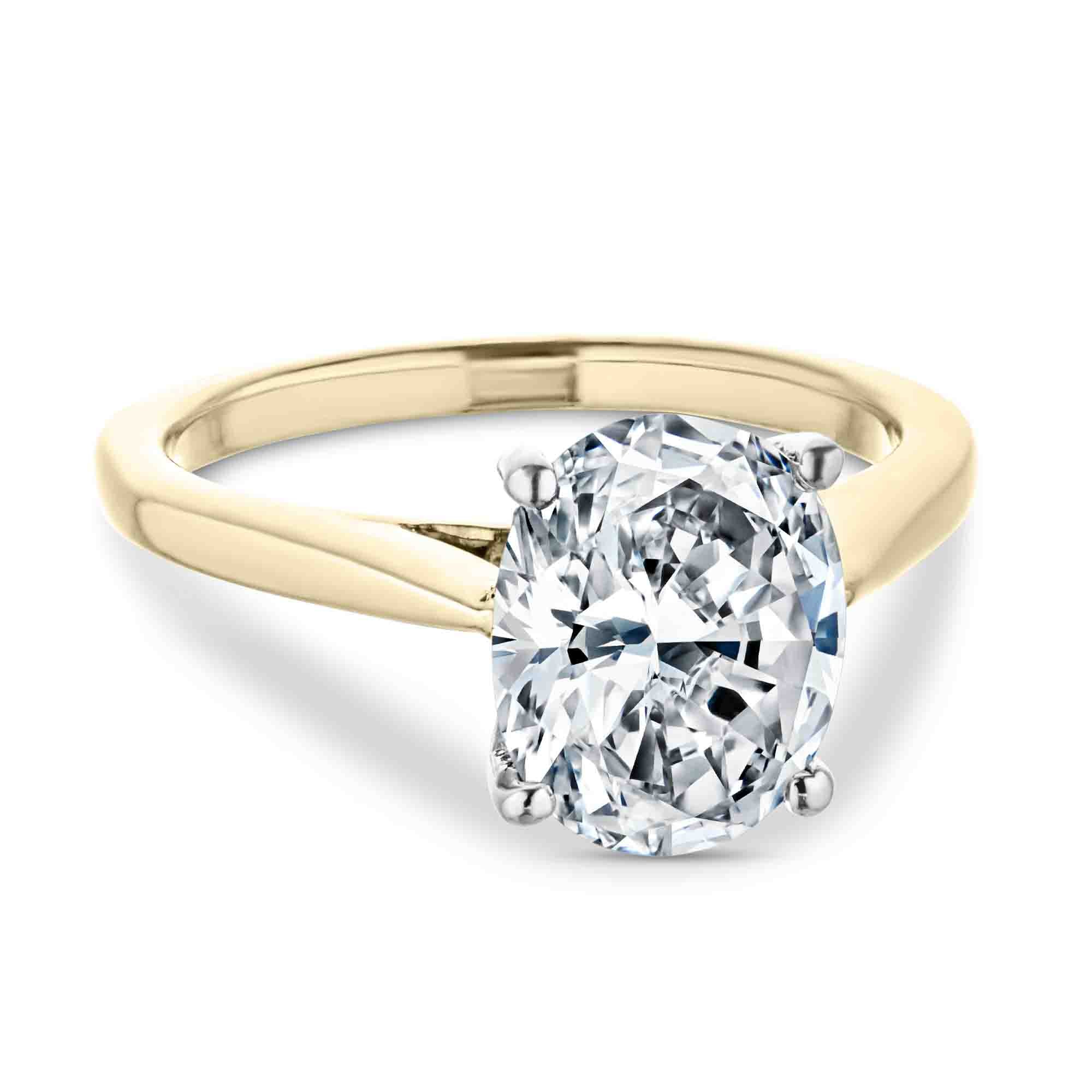 Shown with 2ct Oval Cut Lab Grown Diamond in 14k Yellow Gold and 14K White Gold|Two tone hidden halo engagement ring with 2ct oval cut lab grown diamond in 14k yellow gold and 14k white gold