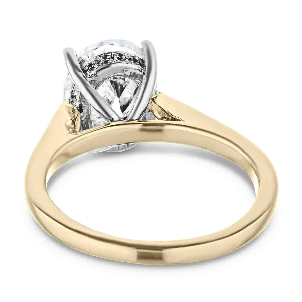 Shown with 2ct Oval Cut Lab Grown Diamond in 14k Yellow Gold and 14K White Gold