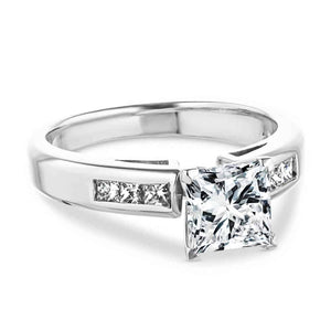 Beautiful engagement ring with cathedral style 1ct princess cut lab grown diamond in channel set diamond accented 14k white gold band