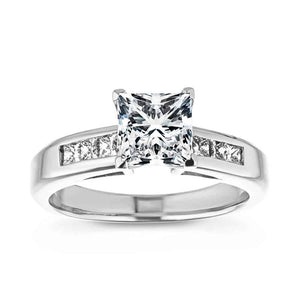 Conflict free engagement ring with cathedral style 1ct princess cut lab grown diamond in channel set diamond accented 14k white gold band