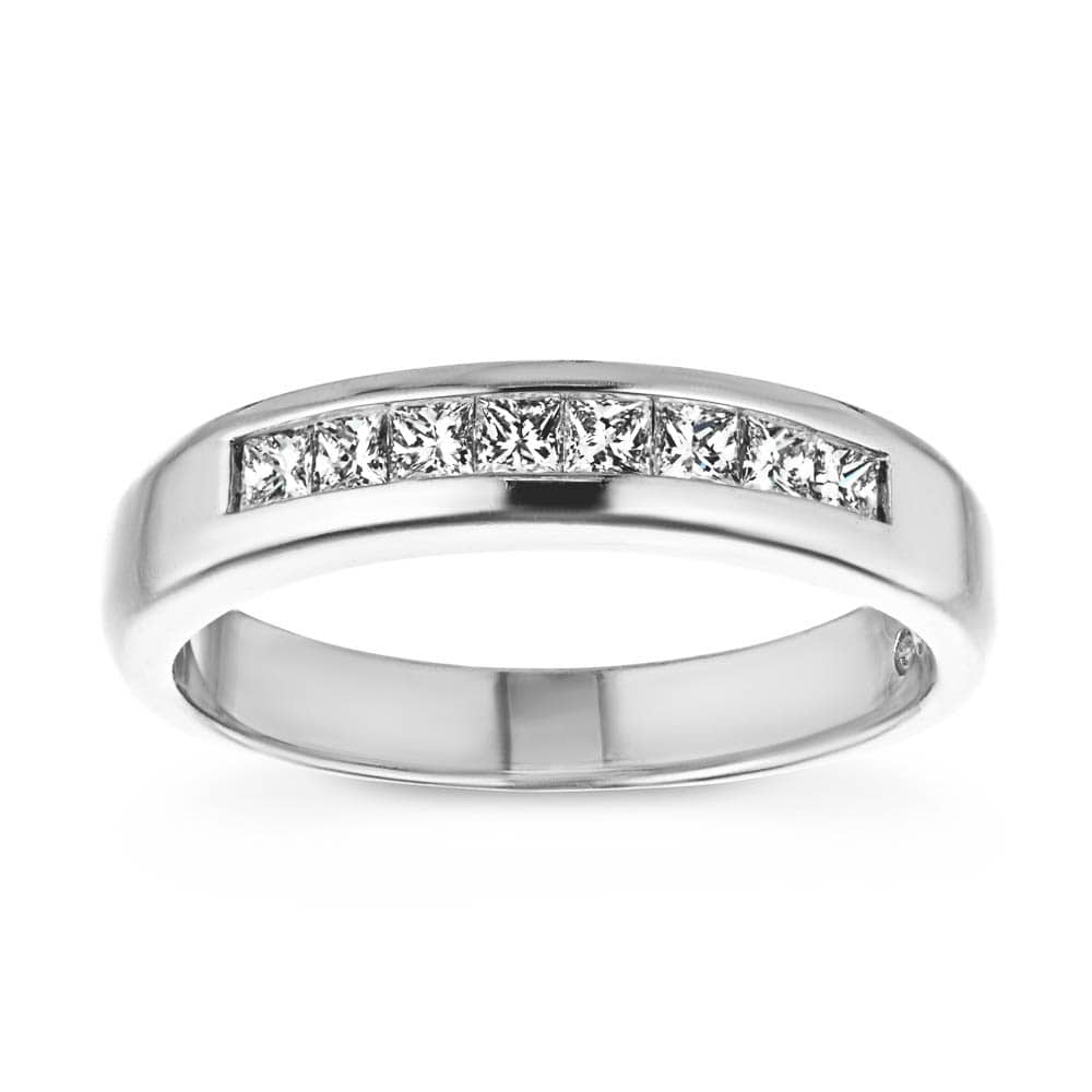 Channel set diamond wedding band made to fit the Melanie Engagement Ring in recycled 14K white gold