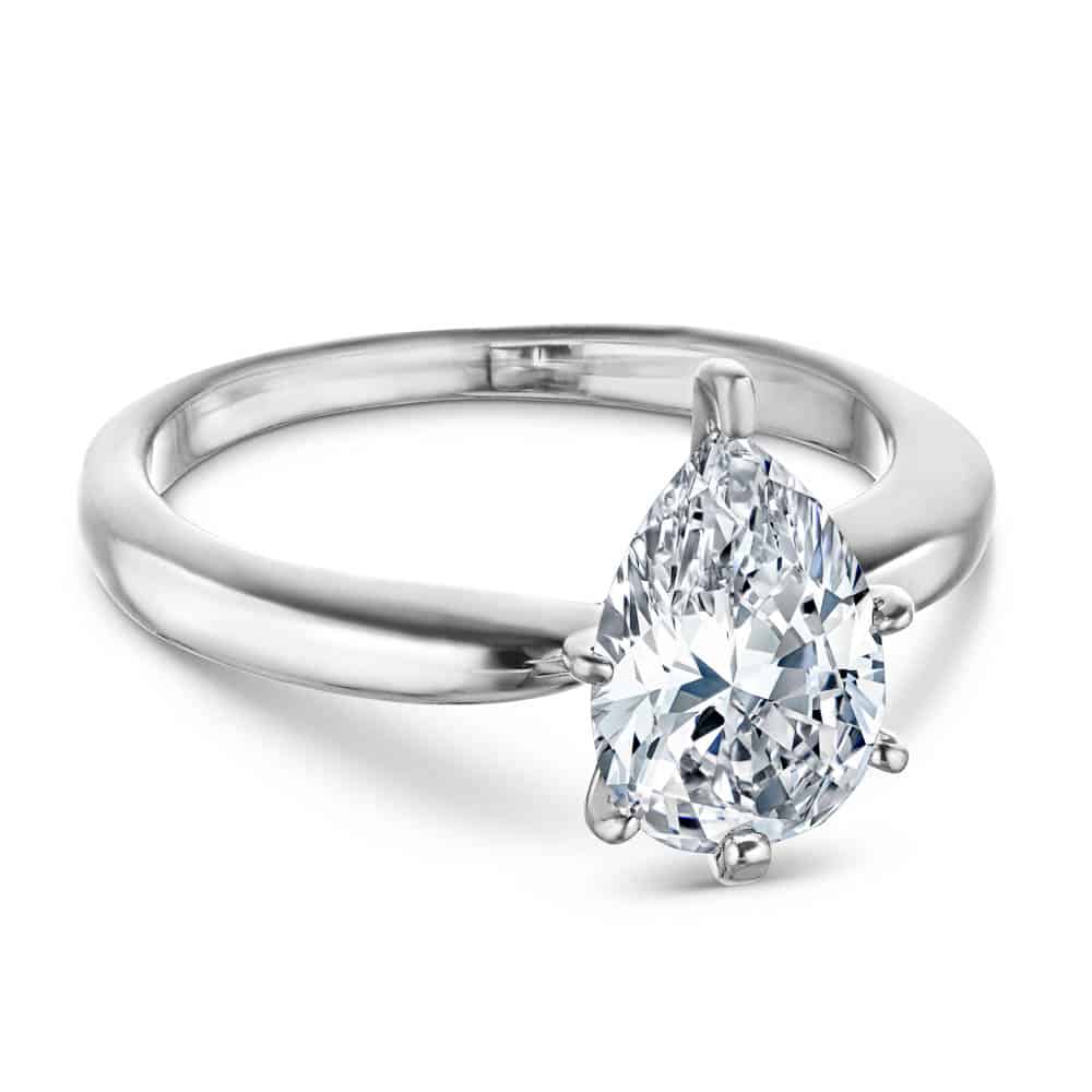 Shown with 1ct Pear Cut Lab Grown Diamond in 14k White Gold|Simple teardrop solitaire engagement ring with 1ct pear cut lab grown diamond in 14k white gold band