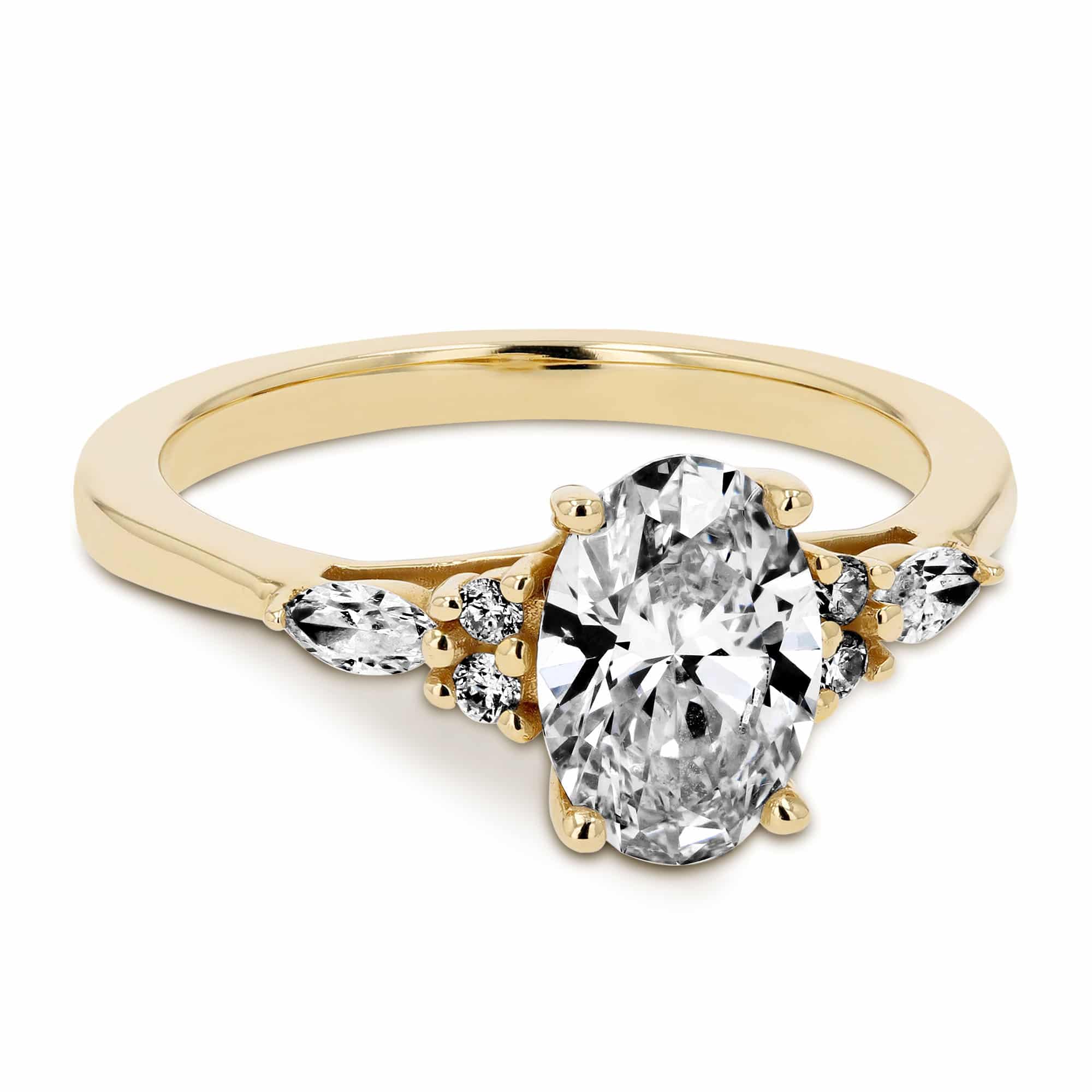 Shown with 1ct Oval Cut Lab Grown Diamond in 14K Yellow Gold|Diamond accented engagement ring with a 1ct oval cut lab grown diamond set in 14k yellow gold
