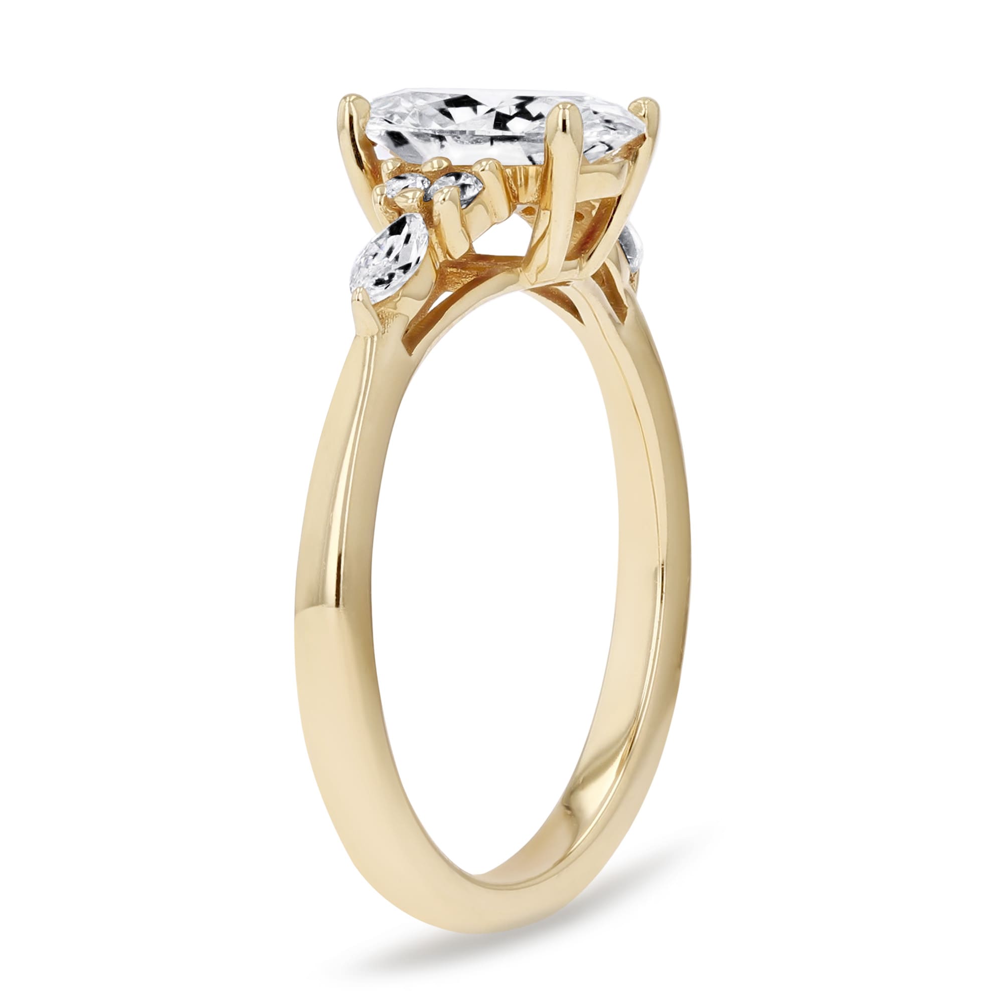 Shown with 1ct Oval Cut Lab Grown Diamond in 14K Yellow Gold|Diamond accented engagement ring with a 1ct oval cut lab grown diamond set in 14k yellow gold