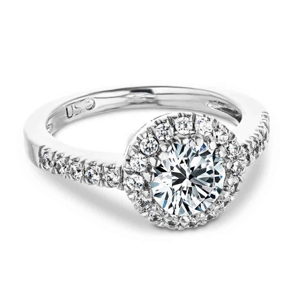 Shown with 1ct Round Cut Lab Grown Diamond in 14k White Gold|Beautiful ethical diamond accented halo engagement ring with 1ct round cut lab grown diamond in 14k white gold