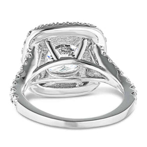 Split shank double halo engagement ring with diamond accents featuring a 1ct cushion cut lab grown diamond in 14k white gold shown from back