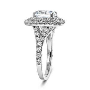 Split shank double halo engagement ring with diamond accents featuring a 1ct cushion cut lab grown diamond in 14k white gold shown from side