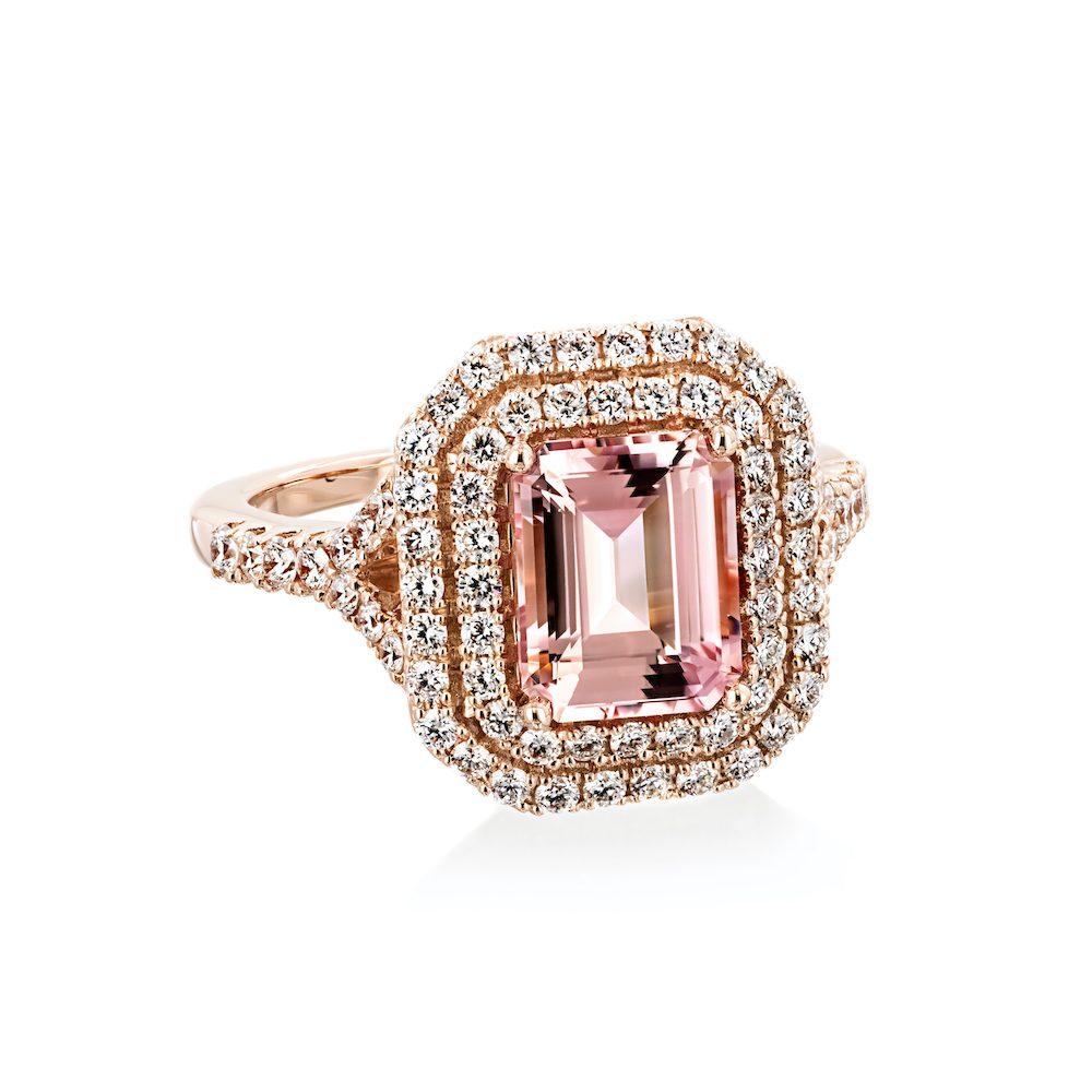 Shown with 1ct Emerald Cut Lab Grown Champagne Pink Sapphire in 14k Rose Gold