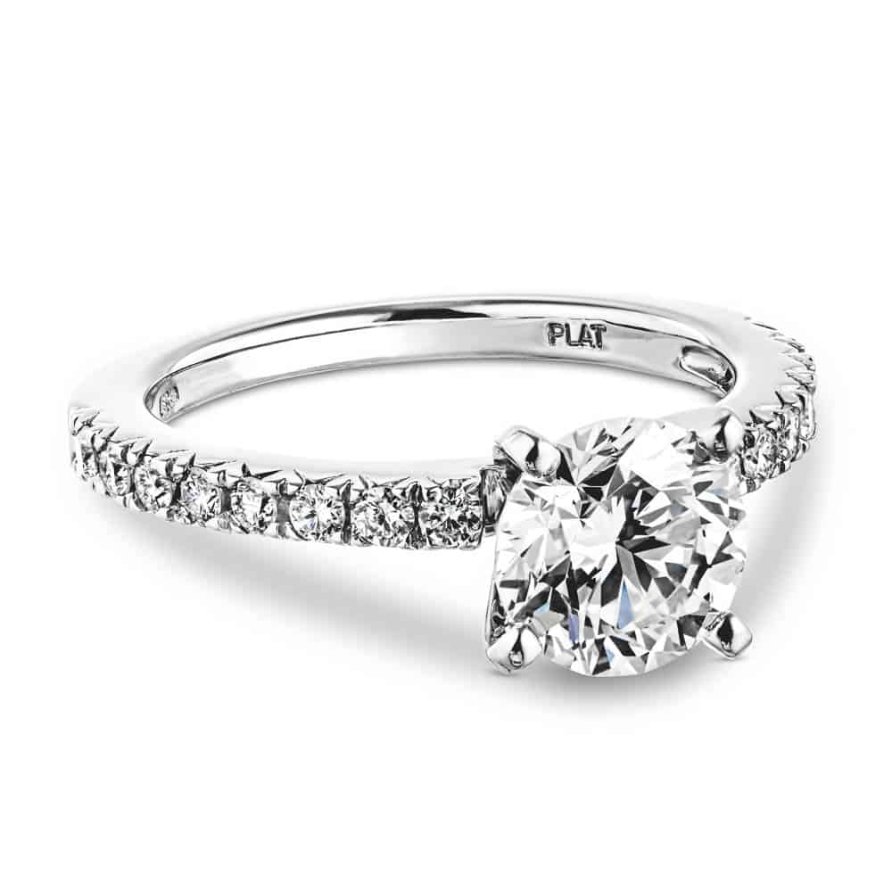 Shown with 1ct Round Cut Lab Grown Diamond in Platinum|Affordable pave set diamond accented engagement ring with 1ct round cut lab grown diamond in platinum setting
