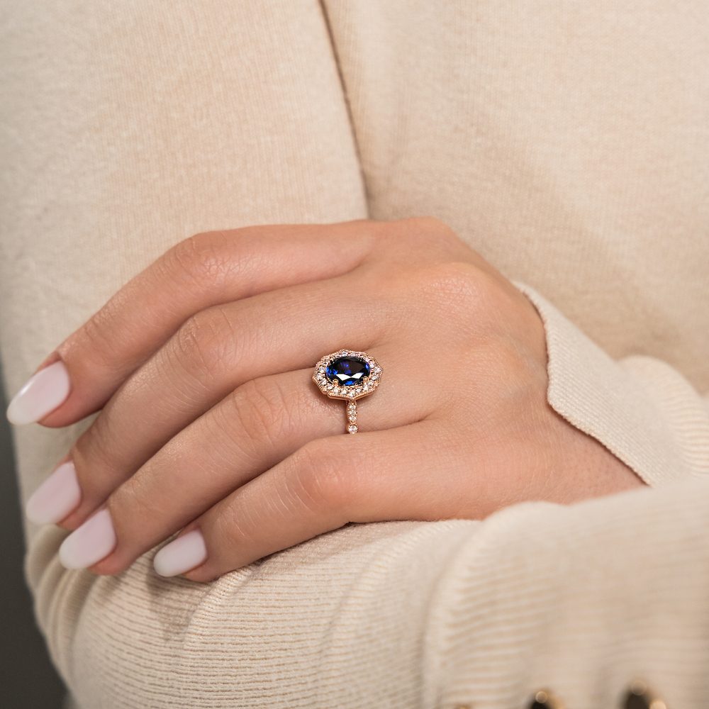 Shown with 1ct Oval Cut Lab Grown Blue Sapphire in 14k Rose Gold