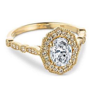  antique vintage stackable engagement ring Shown with a 1.0ct Oval cut Lab-Grown Diamond with a diamond accented halo and filigree detailing in recycled 14K yellow gold