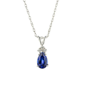 Diamond accented tear drop pendant with 1ct pear cut lab created blue sapphire in 14k white gold