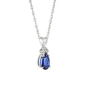 Diamond accented tear drop pendant with 1ct pear cut lab grown blue sapphire in 14k white gold