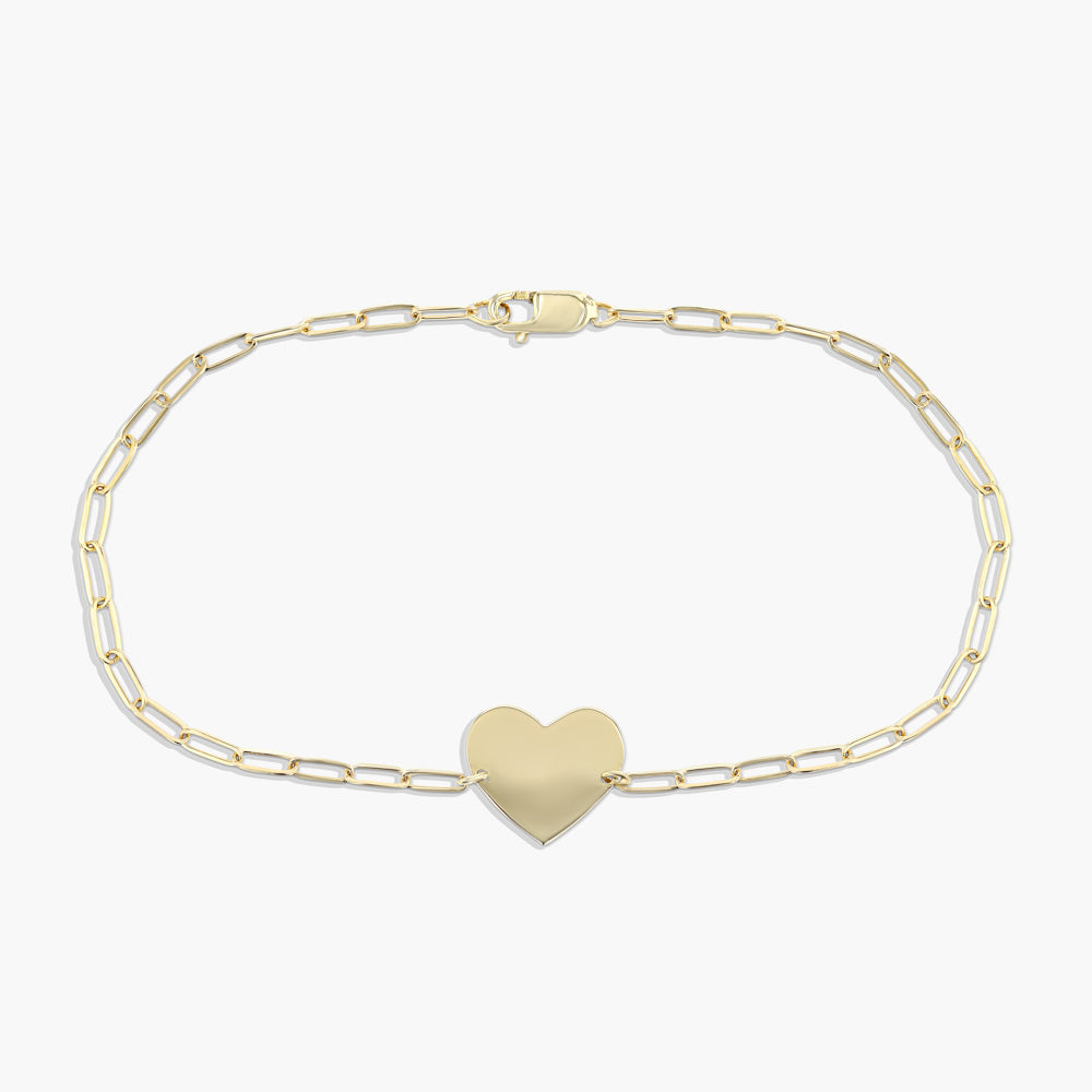 Shown in 14K Yellow Gold|Petite paperclip chain bracelet with engravable heart in 14 carat yellow gold by MiaDonna