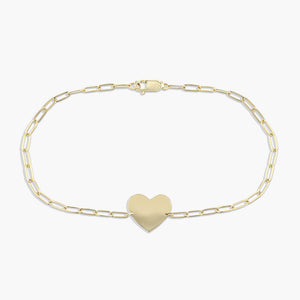 Petite paperclip chain bracelet with engravable heart in 14 carat yellow gold by MiaDonna