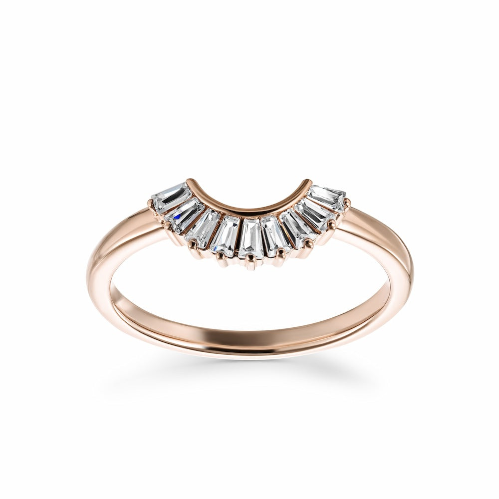 Shown in 14k Rose Gold|Unique elegant contour diamond accented wedding band with baguette cut lab grown diamonds in 14k rose gold