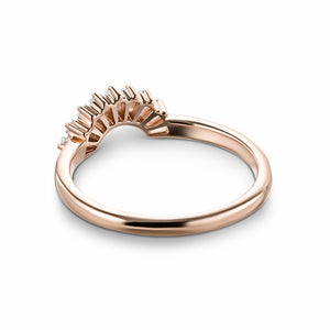 Elegant contour diamond accented wedding band with baguette cut lab grown diamonds in 14k rose gold shown from back