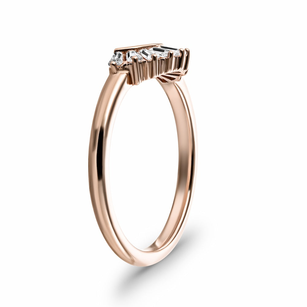 Shown in 14k Rose Gold|Unique elegant contour diamond accented wedding band with baguette cut lab grown diamonds in 14k rose gold