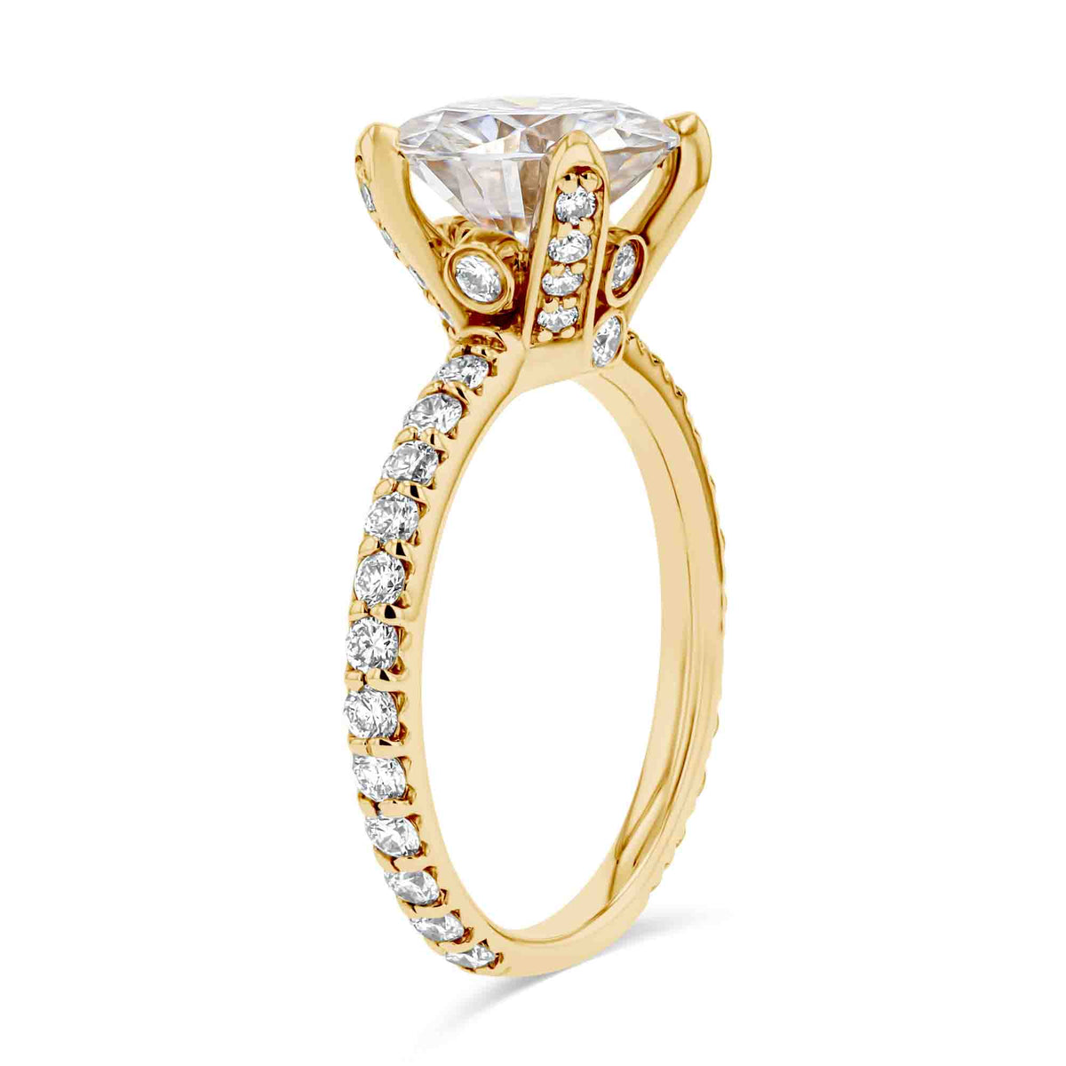 Queen Vintage Engagement Ring set with a 8.5mm Round Cut Forever One Colorless Moissanite in 14K Yellow Gold