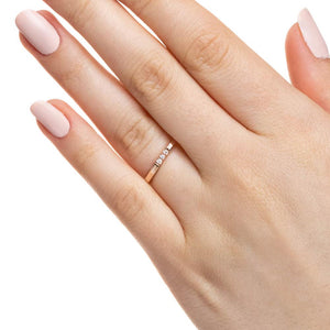  Three stone French-set band lab grown diamonds recycled 10K rose gold