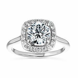 Beautiful antique style cushion shape diamond halo engagement ring with 1.5ct round cut lab grown diamond in 14k white gold setting