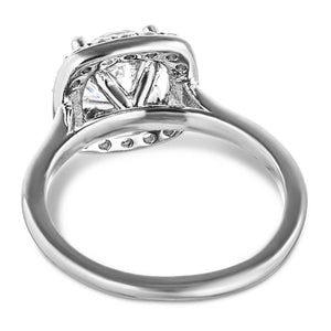 Vintage style cushion shape diamond halo engagement ring with 1.5ct round cut lab grown diamond in 14k white gold band shown from back