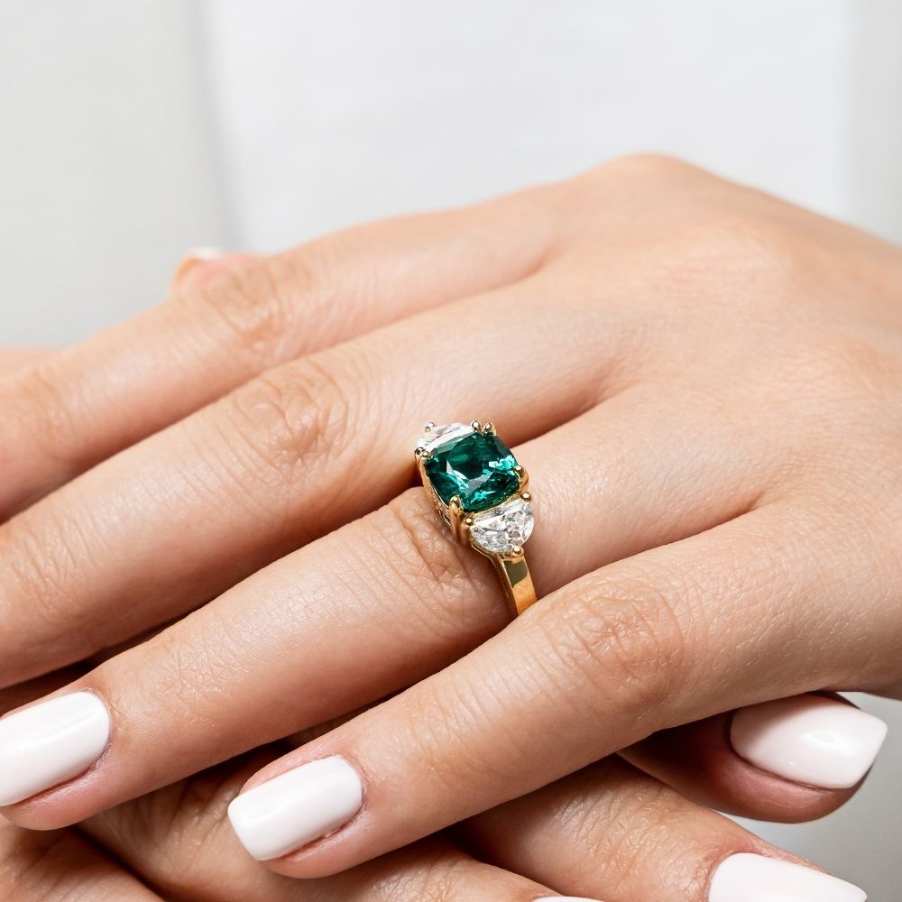 Three Stone Emerald Cut Moissanite Engagement Ring | Rare Earth Jewelry