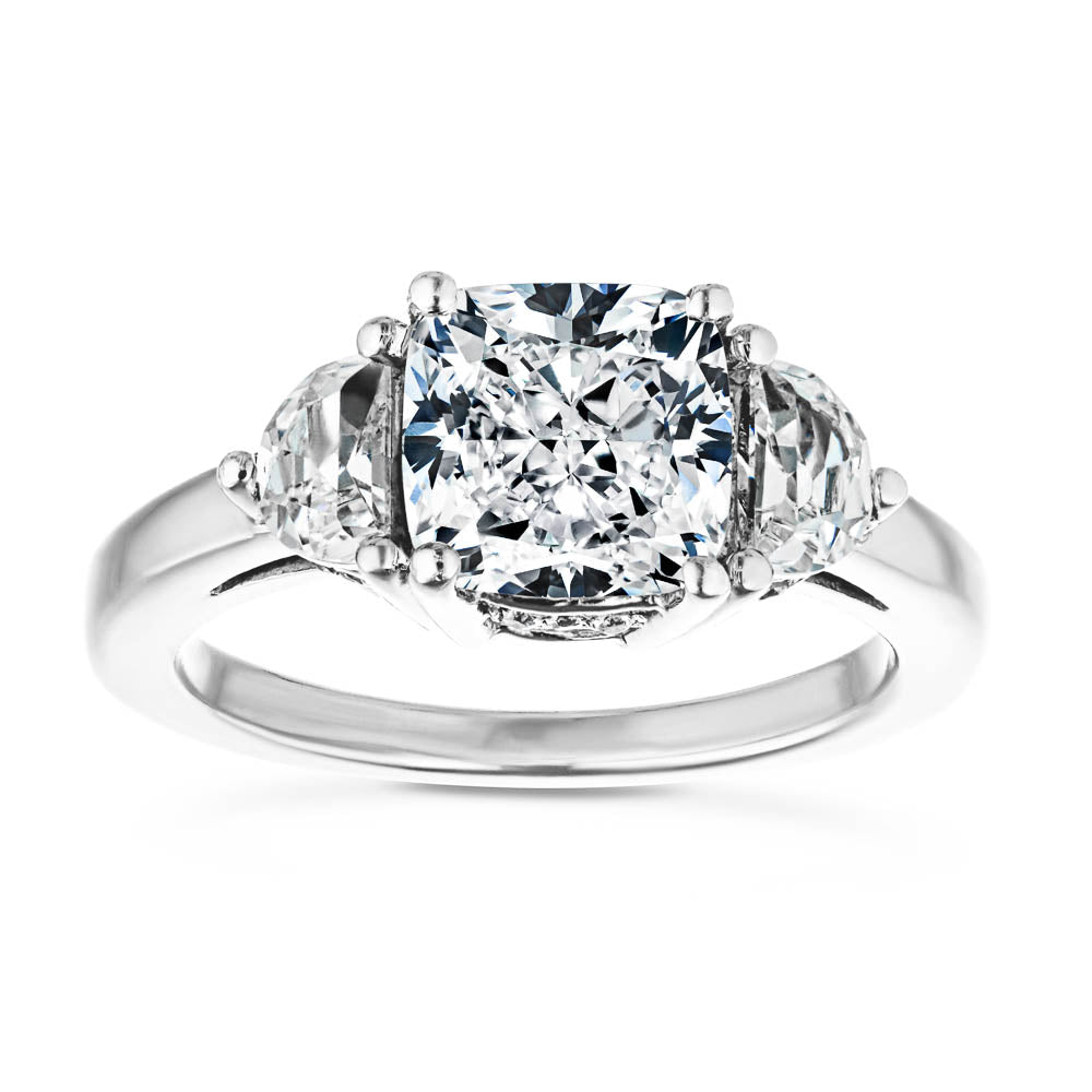 Shown with 2ct Cushion Cut Lab Grown Diamond Center &amp; 0.50ct Half Moon Cut Side Stones in 14k White Gold