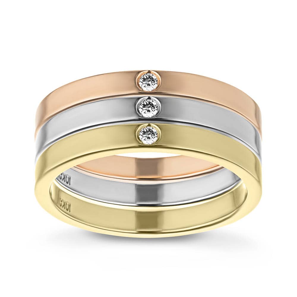 Fashion band with a 0.02ct Lab-Grown Diamond in recycled 10K rose gold, 10K white gold and 10K yellow can be purchased as a set for a discounted price | set Fashion band with a 0.02ct Lab-Grown Diamond in recycled 10K rose gold 10K yellow gold and 10K white