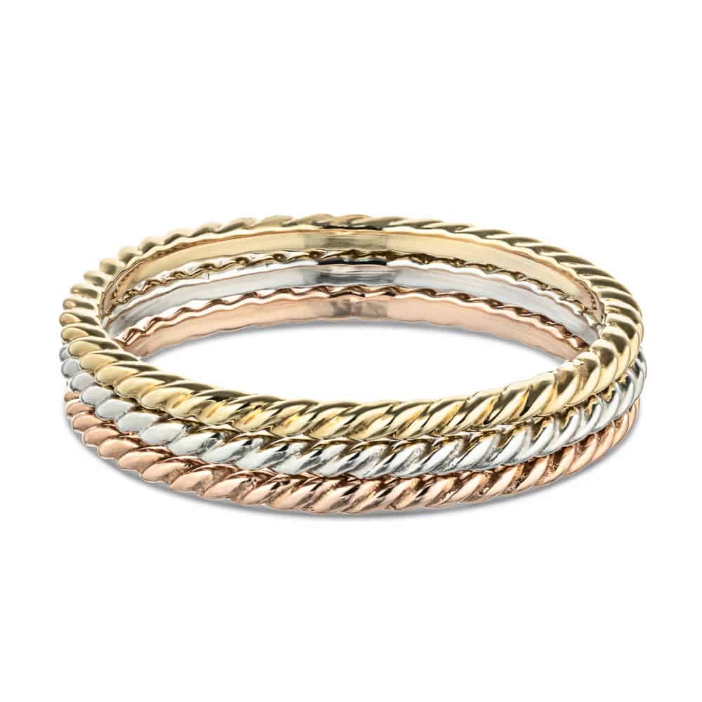 Stackable rope style rings in recycled 10K rose gold, 10K yellow gold and 10K white gold, can be purchased as a set for a discounted price 