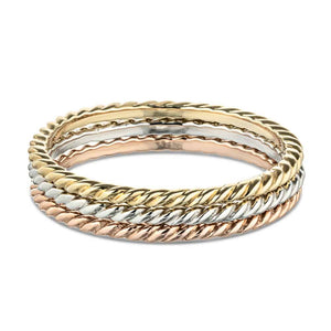  Stackable rope style ring in recycled 10K rose gold 10k yellow gold and 10k white gold