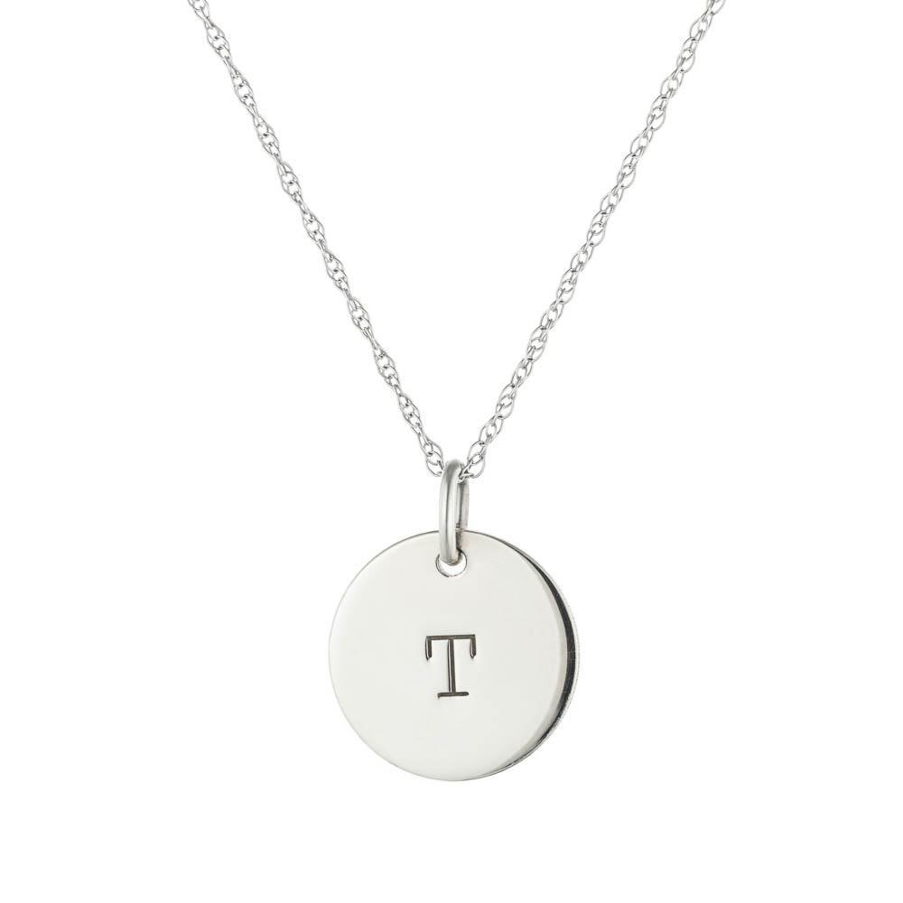 Solid Initial "T" Disc Necklace in 14K white gold | letter disc pendant necklace gold