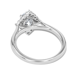 kite shaped diamond halo engagement ring with oval cut lab grown diamond center stone set in 14k white gold metal