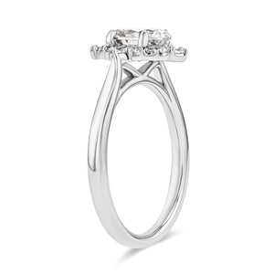 kite shaped diamond halo engagement ring with oval cut lab grown diamond center stone set in 14k white gold metal