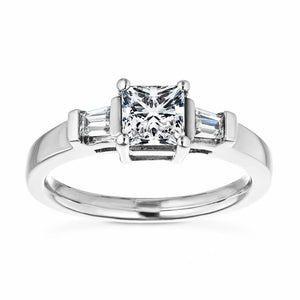 Beautiful contemporary three stone engagement ring with 1ct princess cut lab created diamond and two tapered baguette side stones in cathedral style 14k white gold setting
