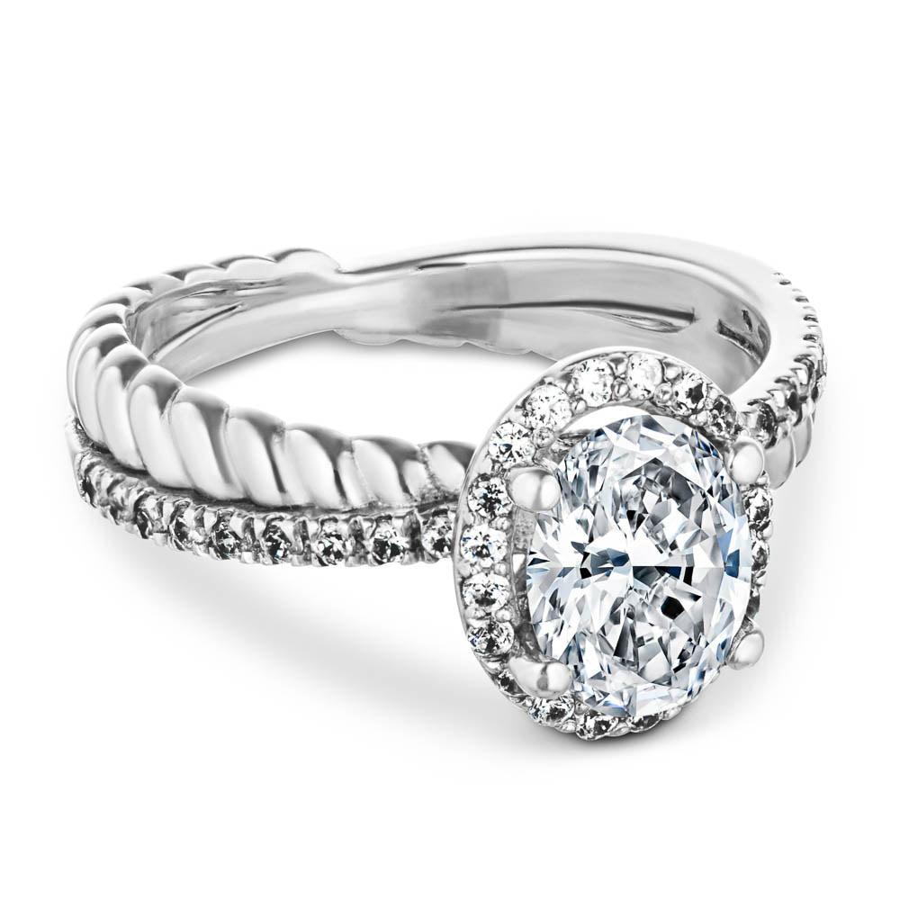 Shown with 1.25ct Oval Cut Lab Grown Diamond in 14k White Gold|Unique ethical two tone diamond accented halo engagement ring with 1.25ct oval cut lab grown diamond in 14k white gold setting