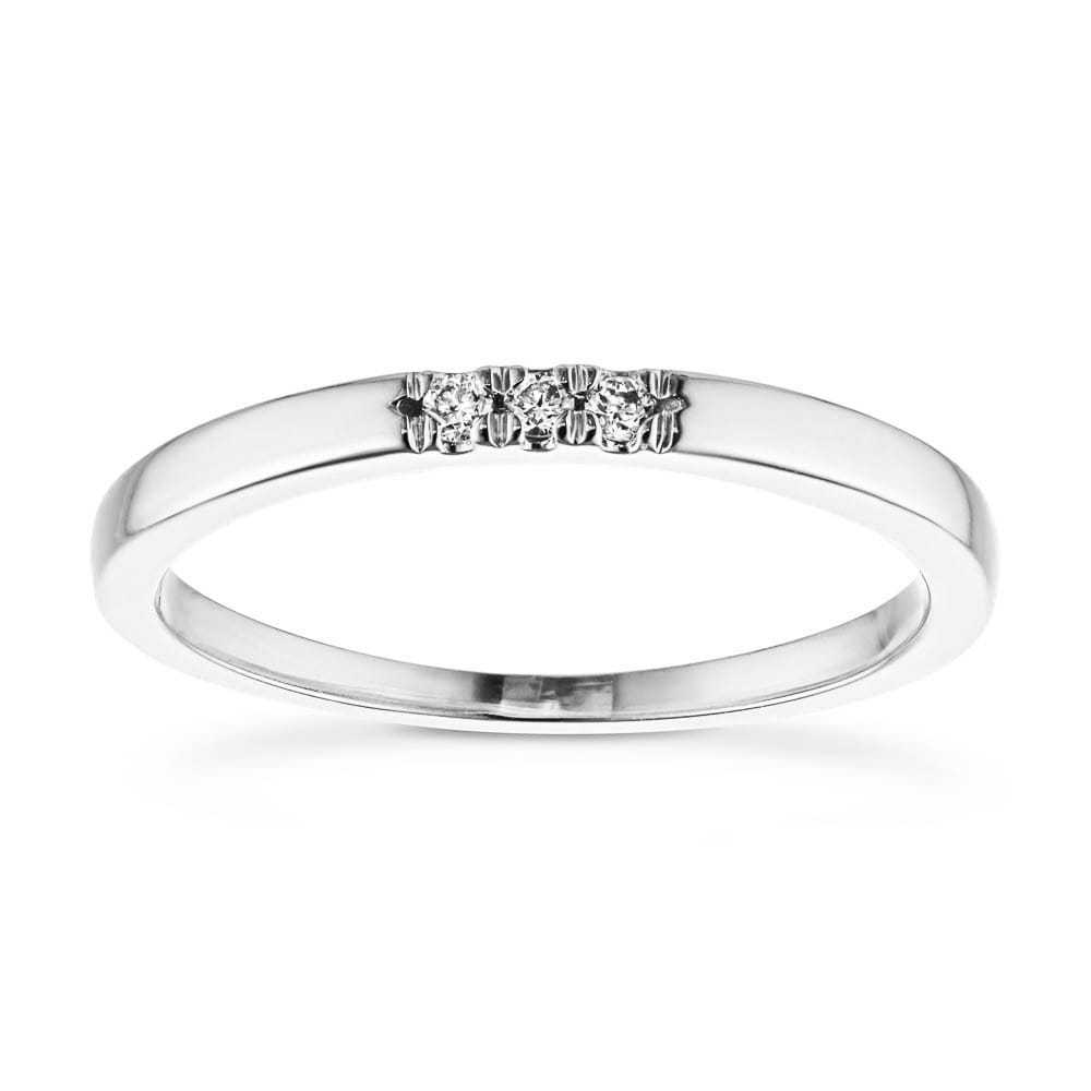 Three Lab-Grown Diamonds set in a simple band in recycled 10K white gold, can be purchased as a set for a discounted price