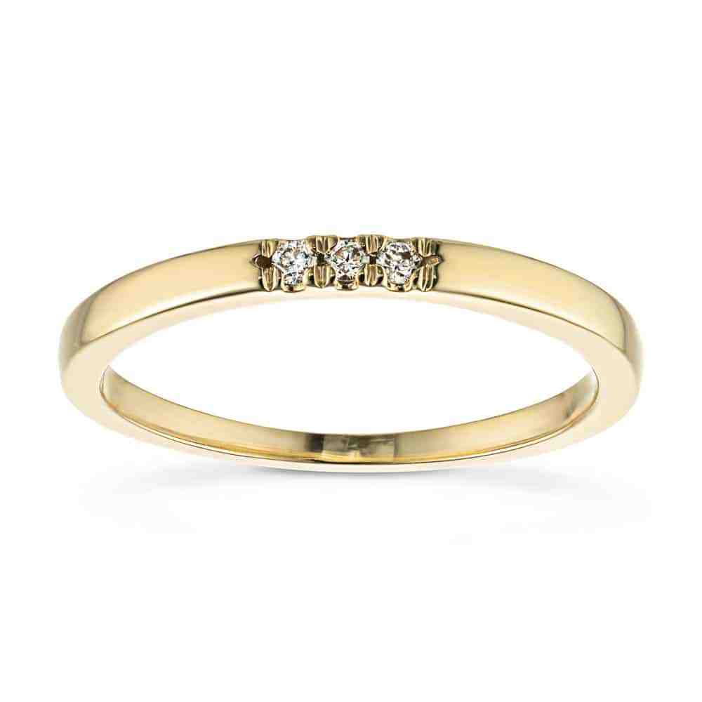 Three Lab-Grown Diamonds set in a simple band in recycled 10K yellow gold, can be purchased as a set for a discounted price